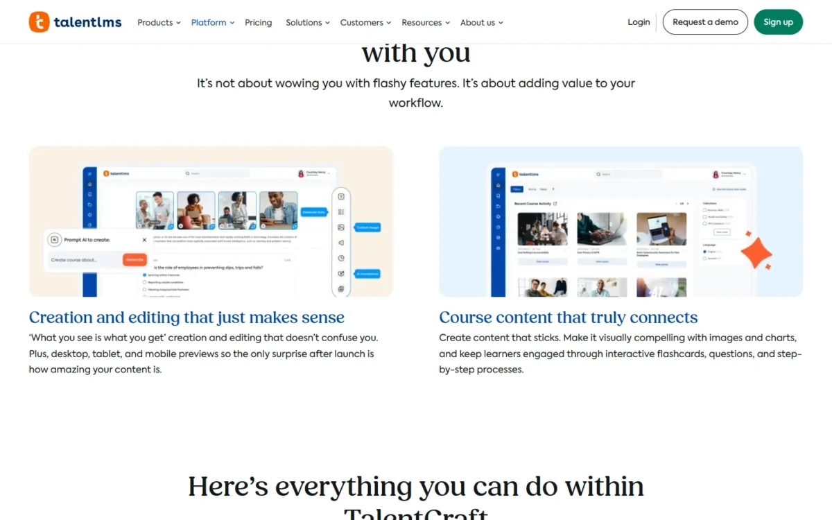 TalentCraft course editor and course content screens as shown on the TalentCraft page