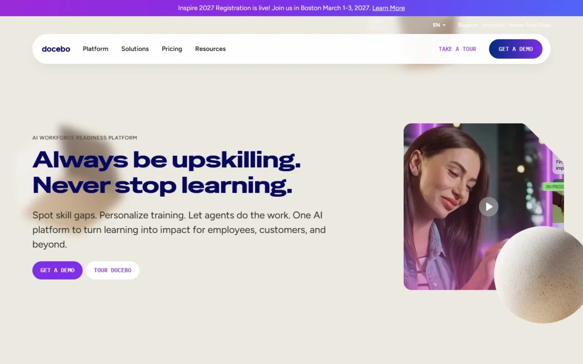 Docebo homepage first screen with Get a demo and Tour Docebo buttons