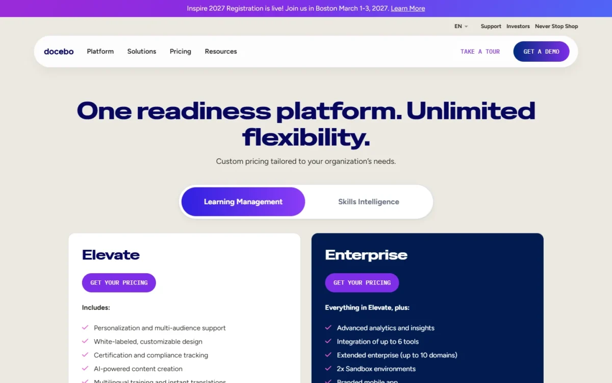 Docebo pricing page with two tiers and Get your pricing buttons instead of prices