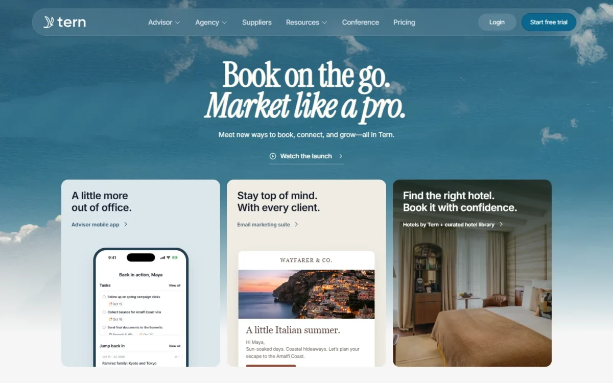 Tern homepage first screen with the advisor mobile app, email marketing and Hotels by Tern panels