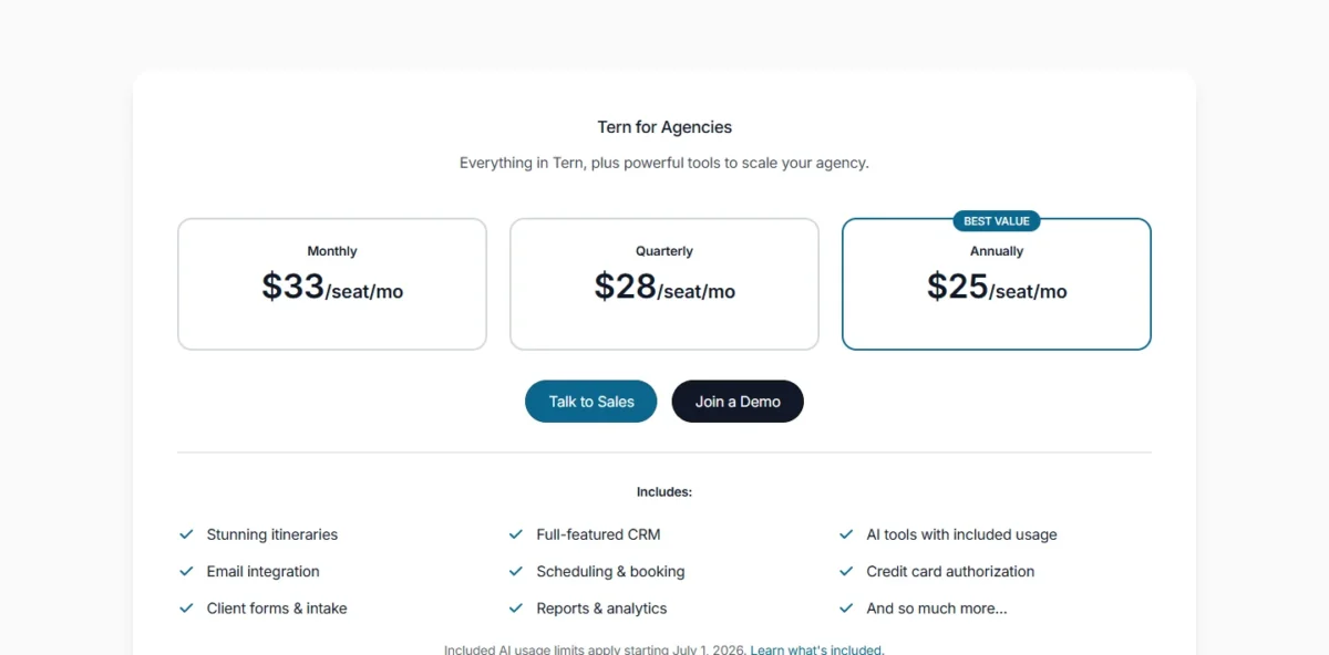 Tern pricing page, Small team view, with $33 monthly, $28 quarterly and $25 annually per seat