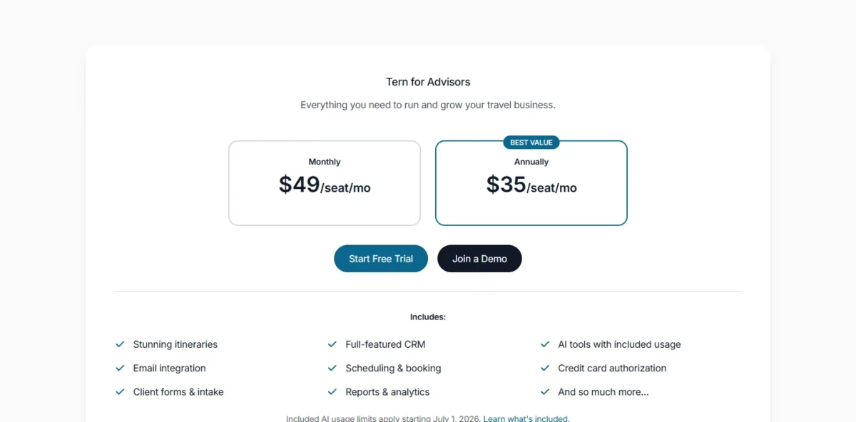 Tern pricing page, Just me view, with $49 per seat monthly and $35 per seat annually