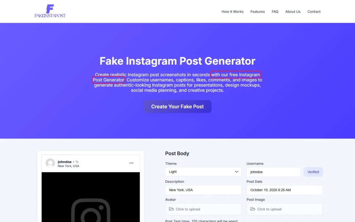 Instagram post mockup generator homepage with its line about the free generator outlined