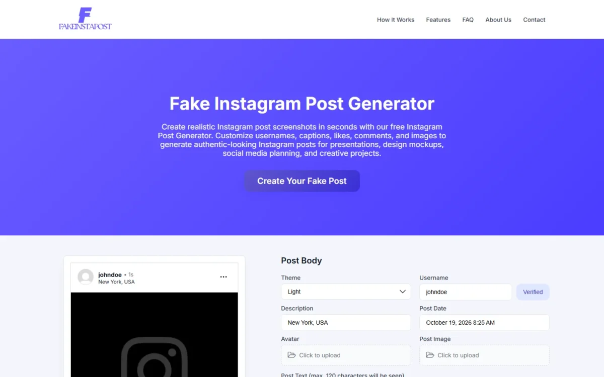Instagram post mockup generator with a sample post beside fields for the username, description and post image