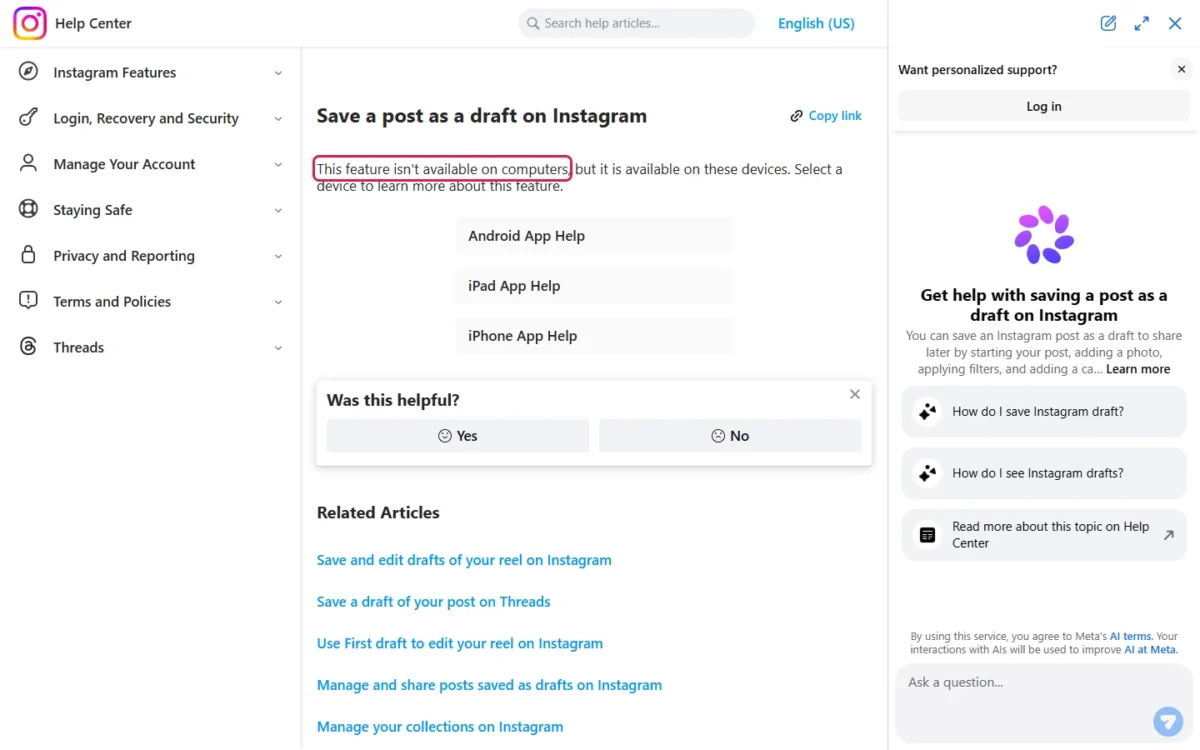 Instagram Help Center page on saving a post as a draft, with the line about computers outlined