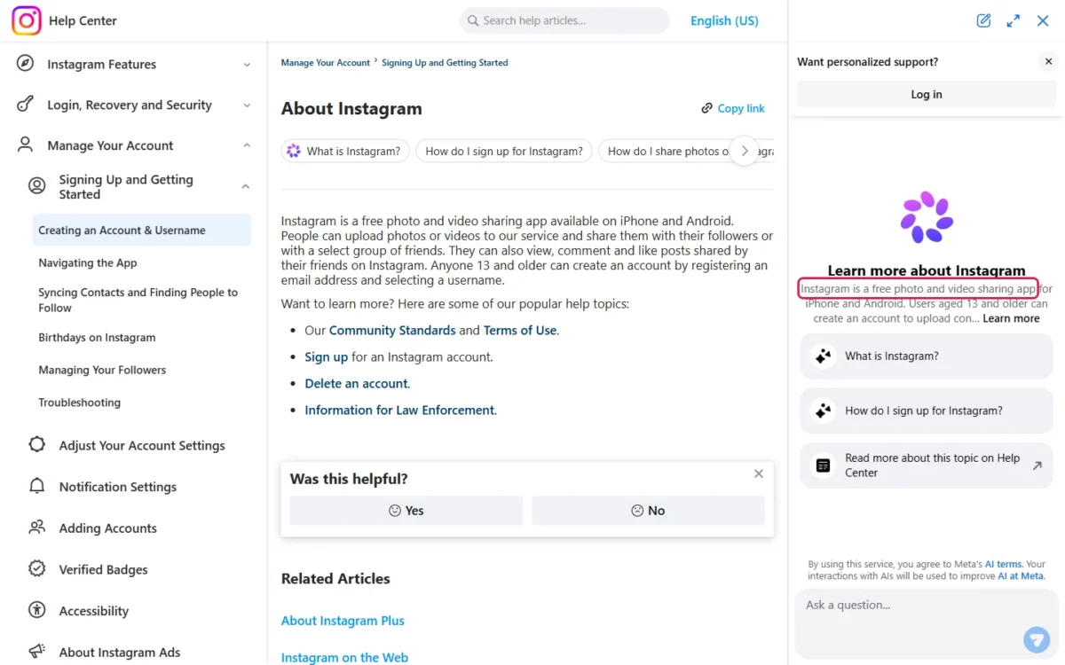Instagram Help Center's About Instagram page with the line calling Instagram a free photo and video sharing app outlined