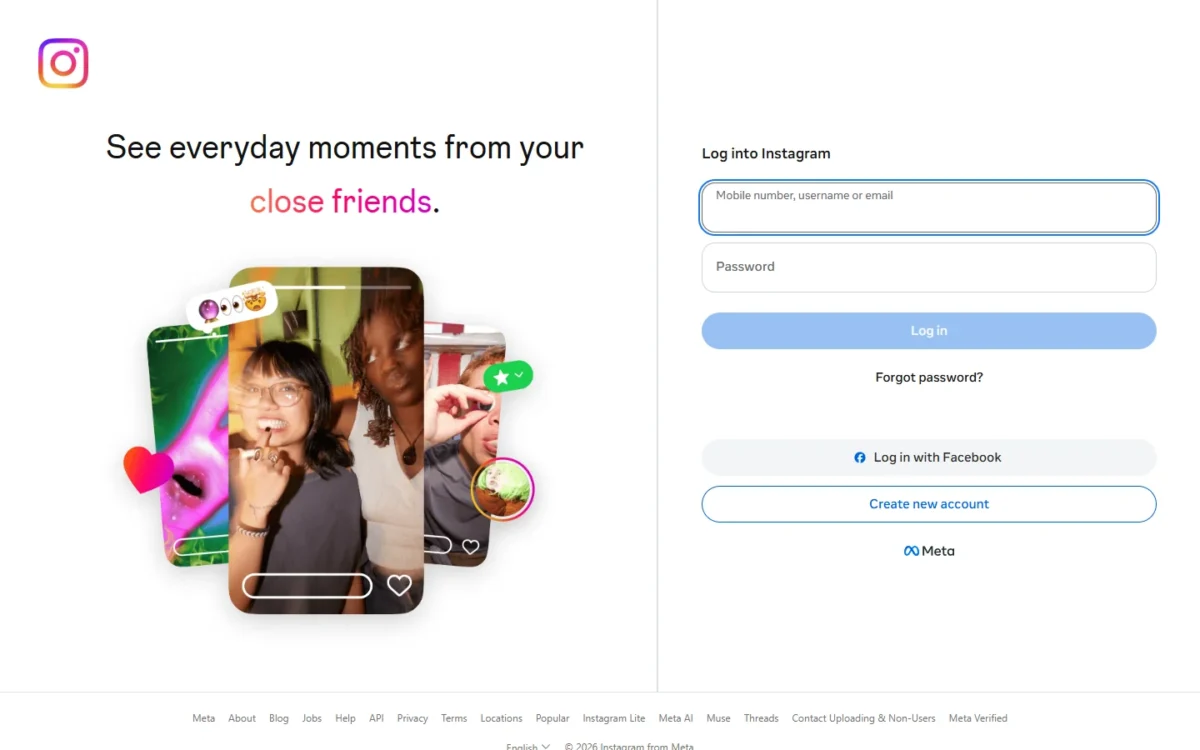 Instagram homepage with its login form beside a collage of posts