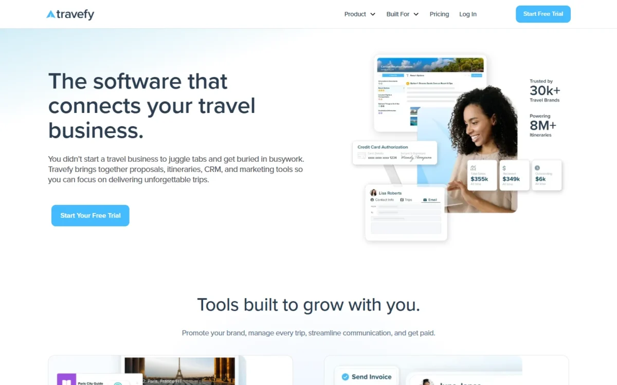 Travefy homepage first screen with a Start Your Free Trial button