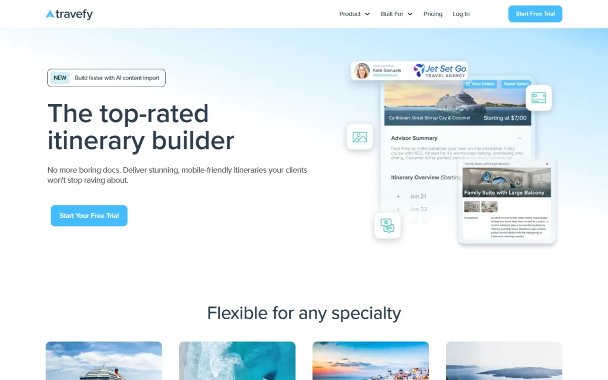 Travefy itinerary page with a branded itinerary preview