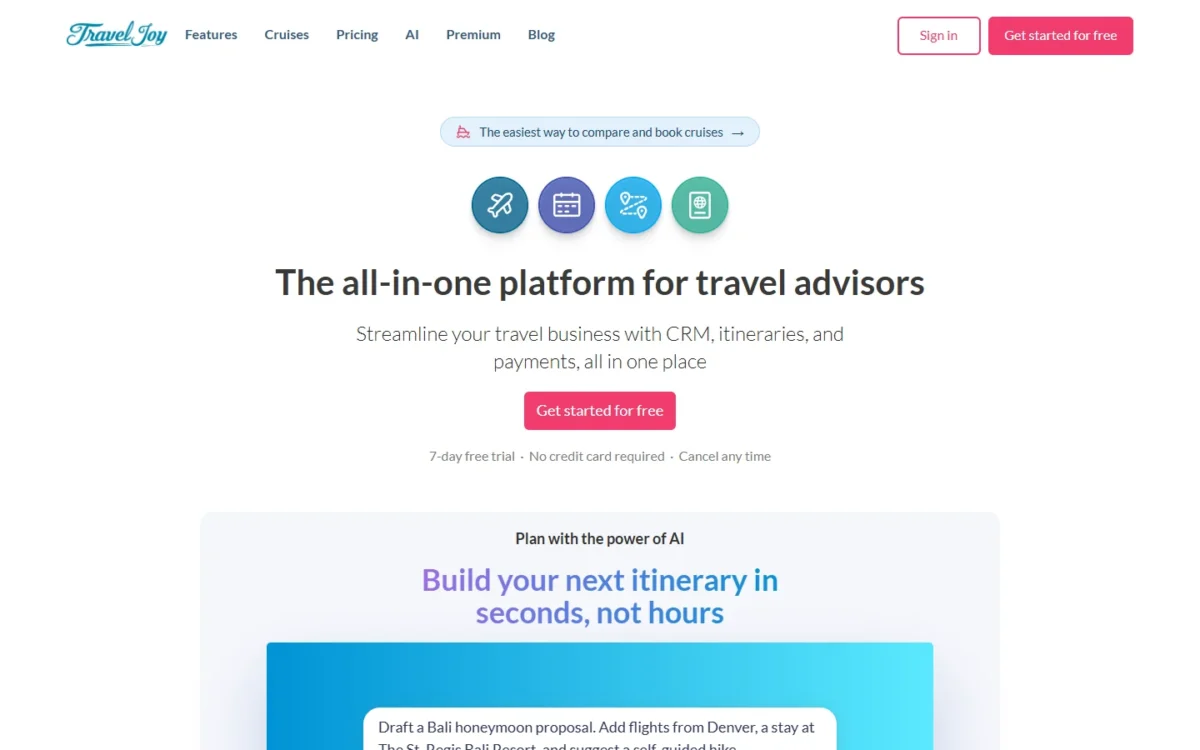 TravelJoy homepage describing an all-in-one platform for travel advisors