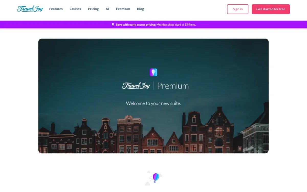 TravelJoy Premium page with a banner saying memberships start at $79/mo under early access pricing