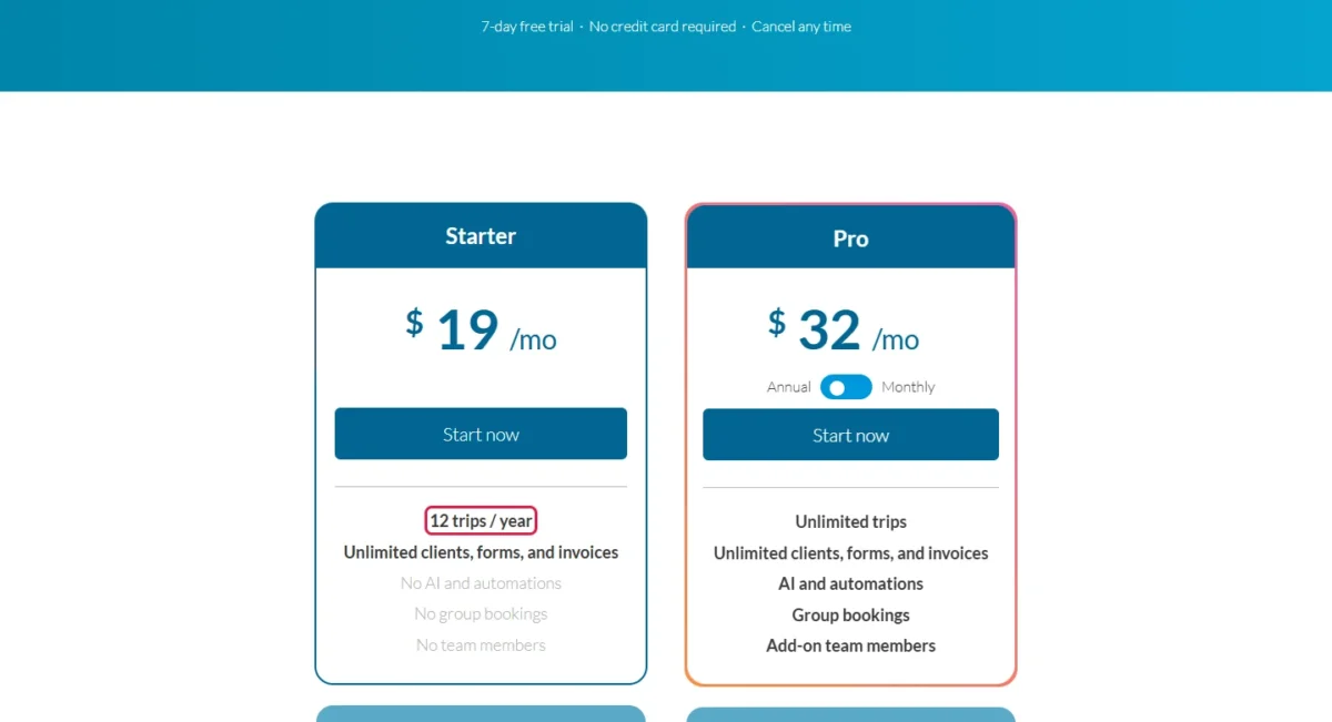 TravelJoy plan cards with the Starter card's 12 trips / year limit outlined