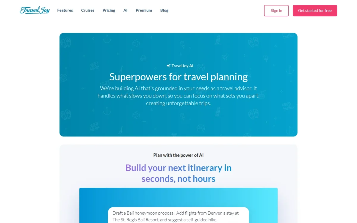 TravelJoy AI page with a prompt box that drafts an itinerary from a trip request