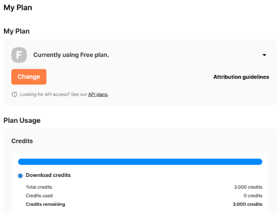 Typecast My Plan page in our test account showing the Free plan with 0 download credits used and 3,000 remaining