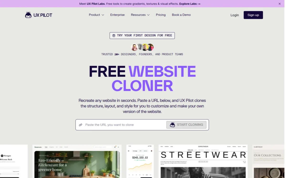 UX Pilot website cloner page headed Free Website Cloner, with a URL field