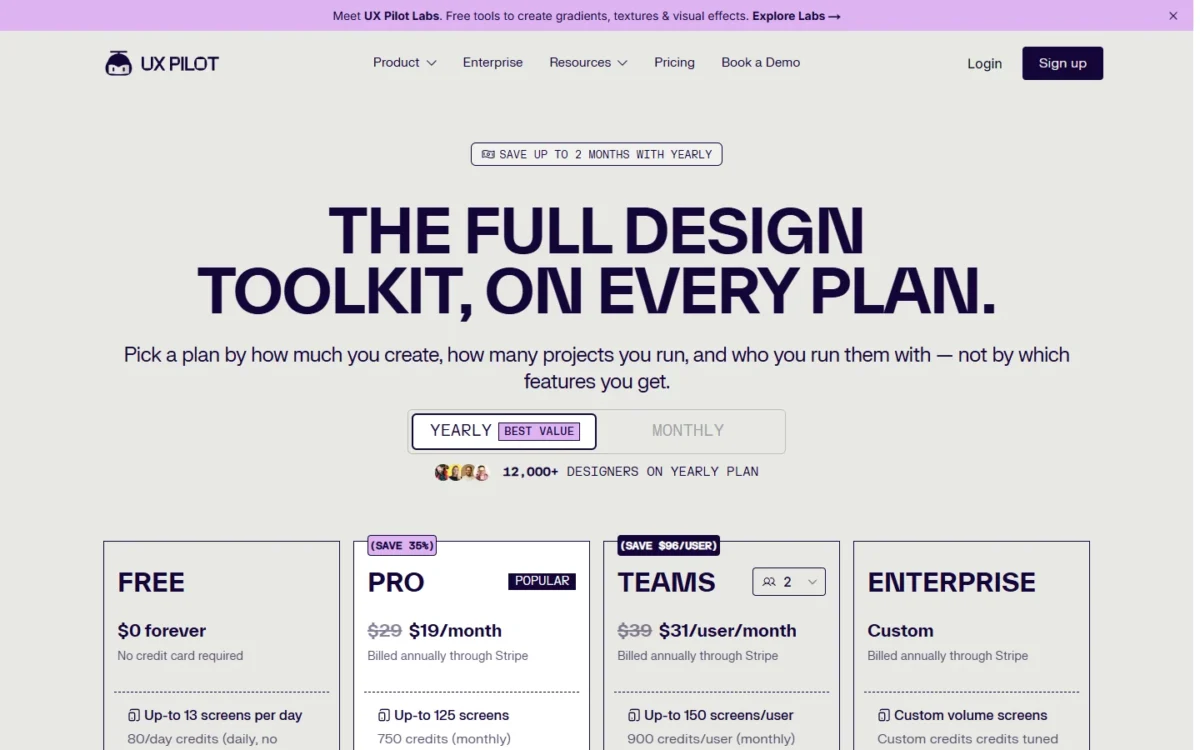 UX Pilot pricing page, yearly view: Pro at $19 and Teams at $31 per user a month, $29 and $39 struck through