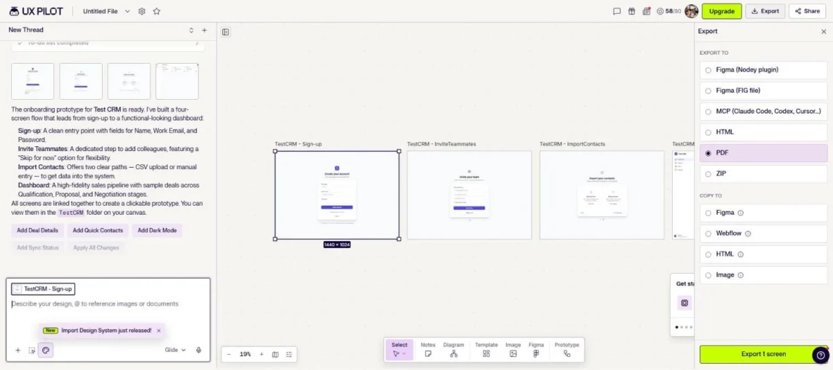 UX Pilot Export panel on the Free plan with an active Export 1 screen button