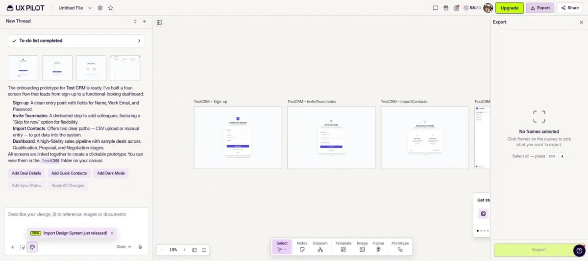 UX Pilot canvas with four Test CRM onboarding screens and credits at 58 of 80