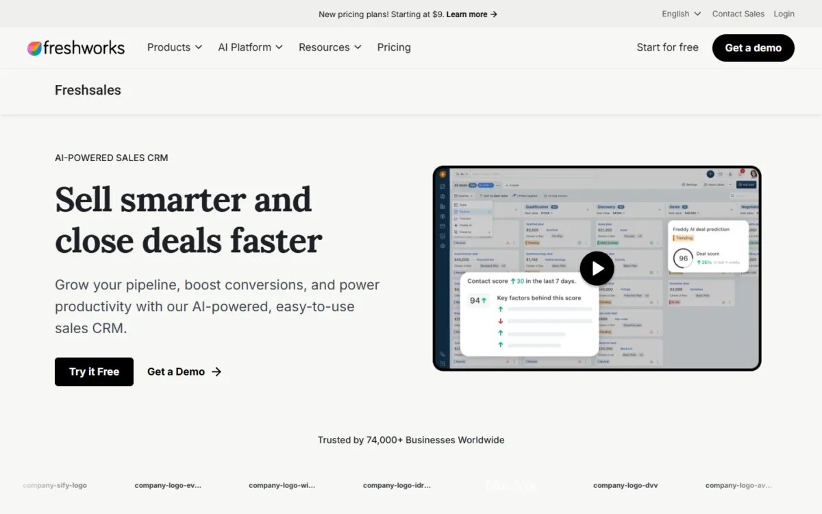 Freshsales product page first screen with the headline Sell smarter and close deals faster and a video preview of the CRM