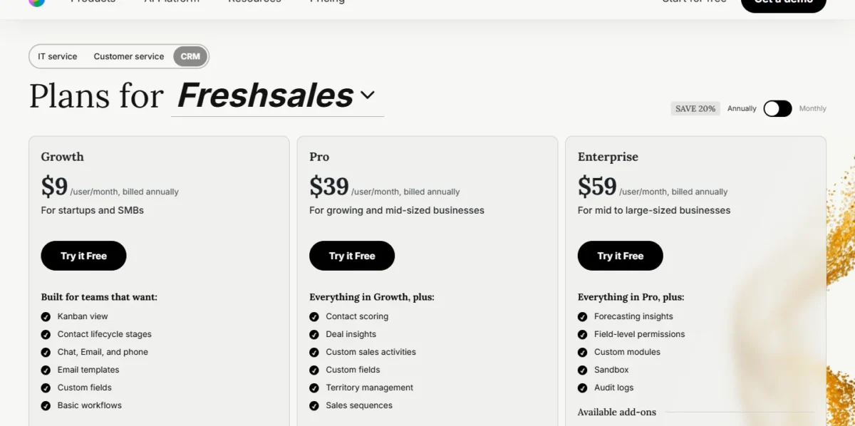 Freshsales pricing page with annual billing selected: Growth $9, Pro $39 and Enterprise $59 per user per month