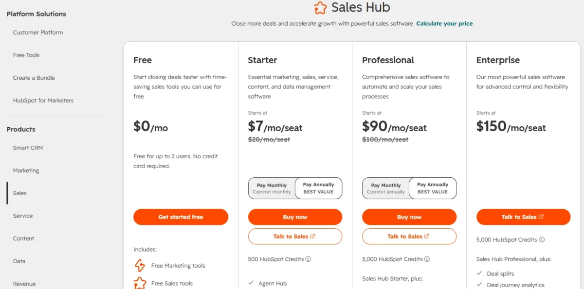 HubSpot Sales Hub pricing page with Pay Annually selected on the Starter and Professional plan cards