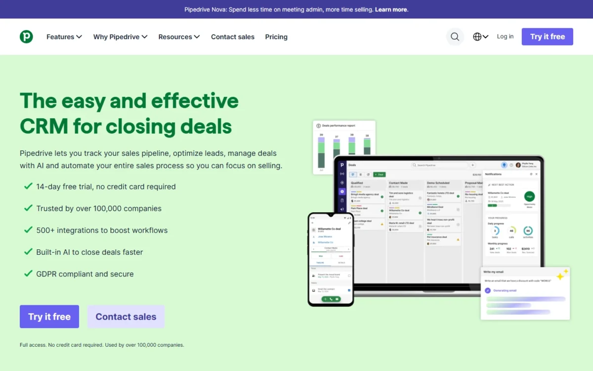 Pipedrive homepage first screen with a Deals board showing deal cards in Qualified, Contact Made, Demo Scheduled and Proposal Made columns