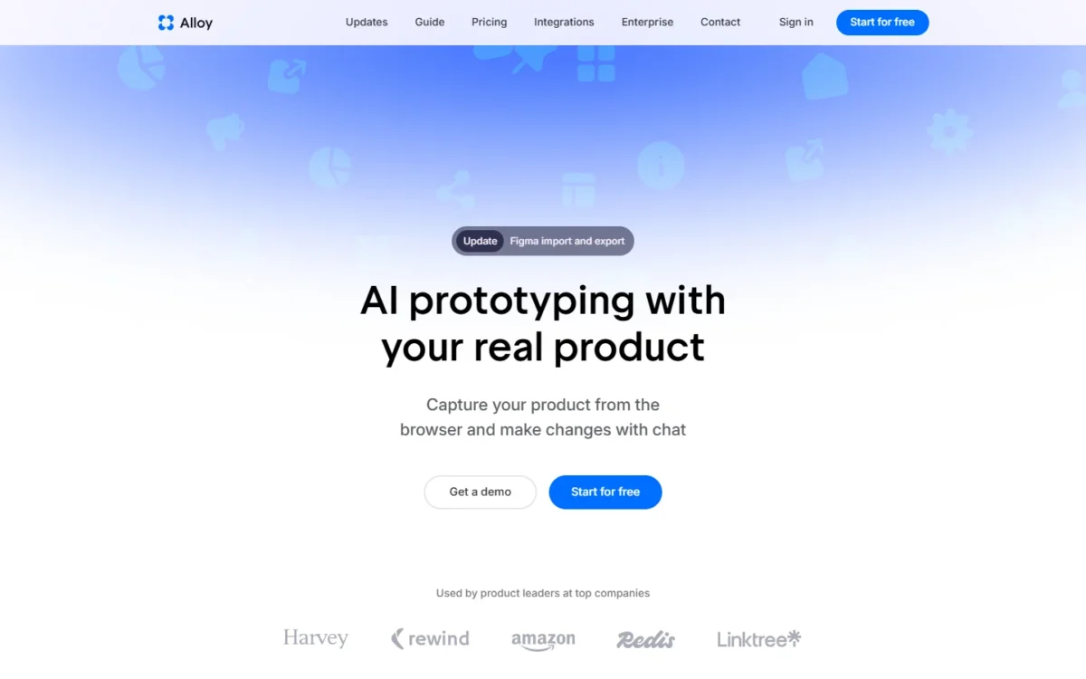Alloy homepage headline reading AI prototyping with your real product, above a line about capturing your product from the browser