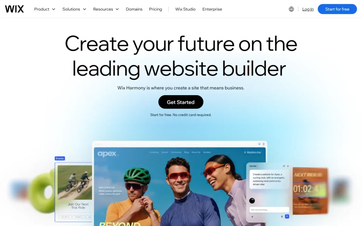 Wix homepage, first screen, with the Get Started button
