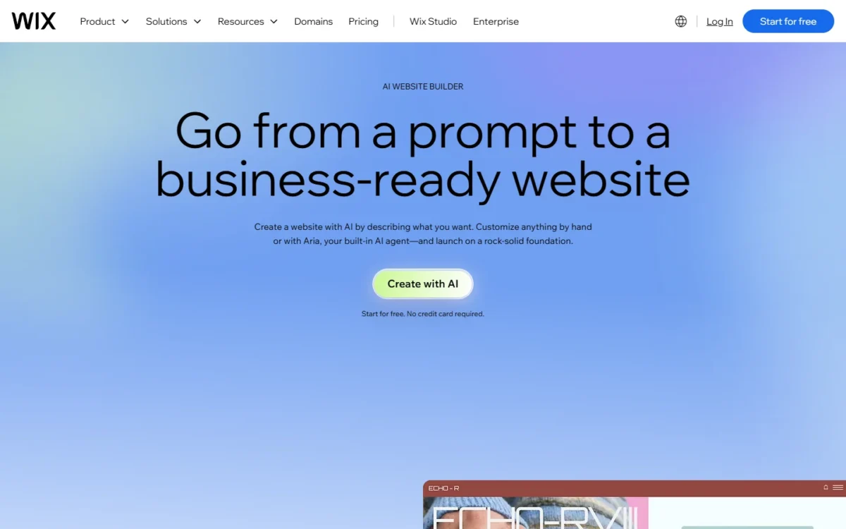 Wix AI website builder page with the headline Go from a prompt to a business-ready website