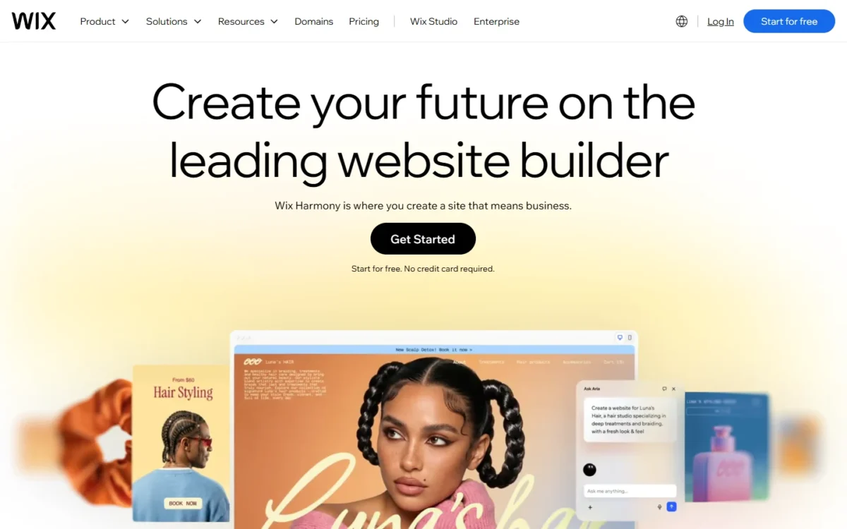 Wix homepage first screen with the headline Create your future on the leading website builder