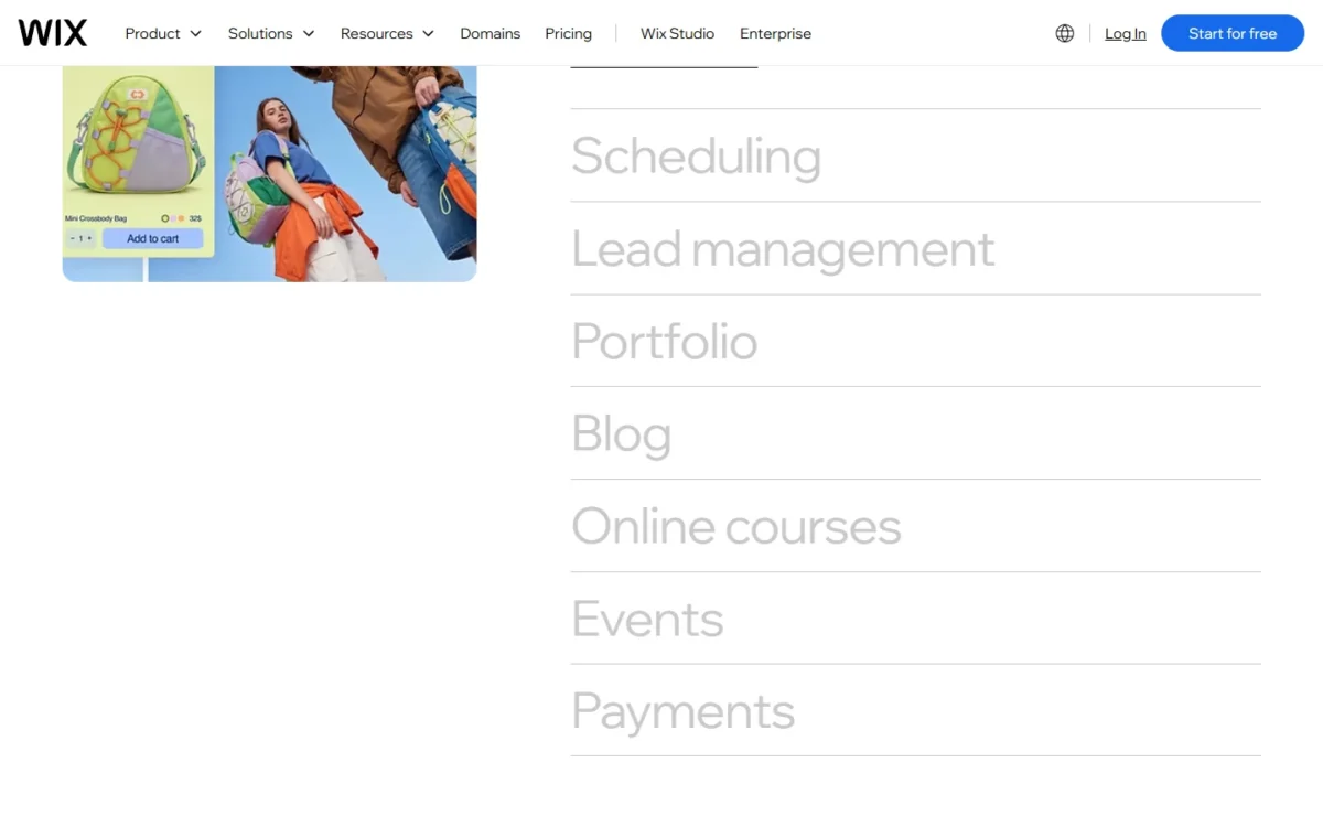 Wix homepage section listing business solutions including Scheduling, Blog, Events and Payments