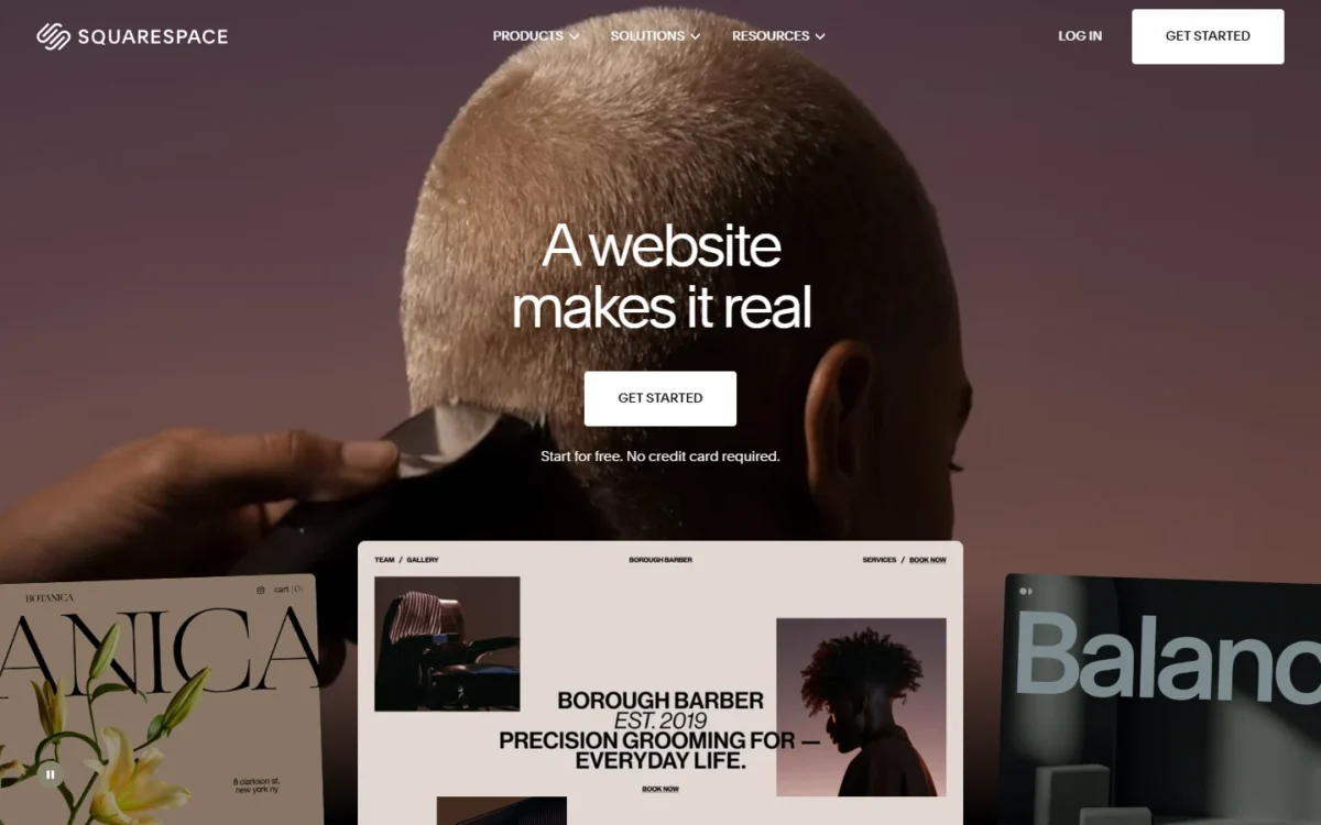 Squarespace homepage, first screen, with a Get started button