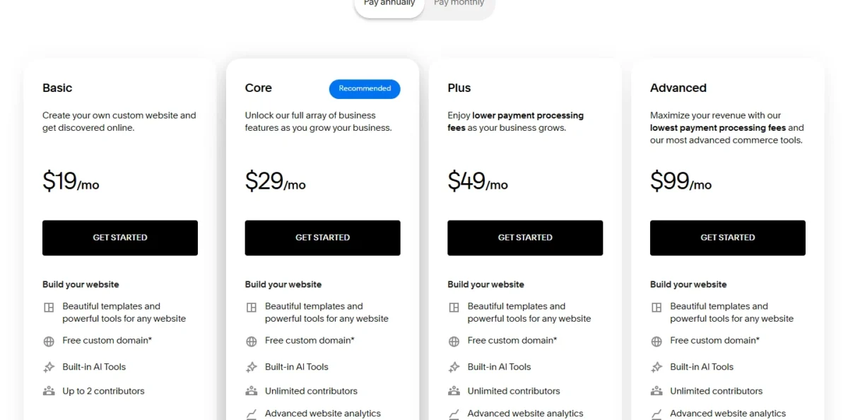 Squarespace pricing page with Pay annually selected: Basic $19, Core $29, Plus $49 and Advanced $99 per month