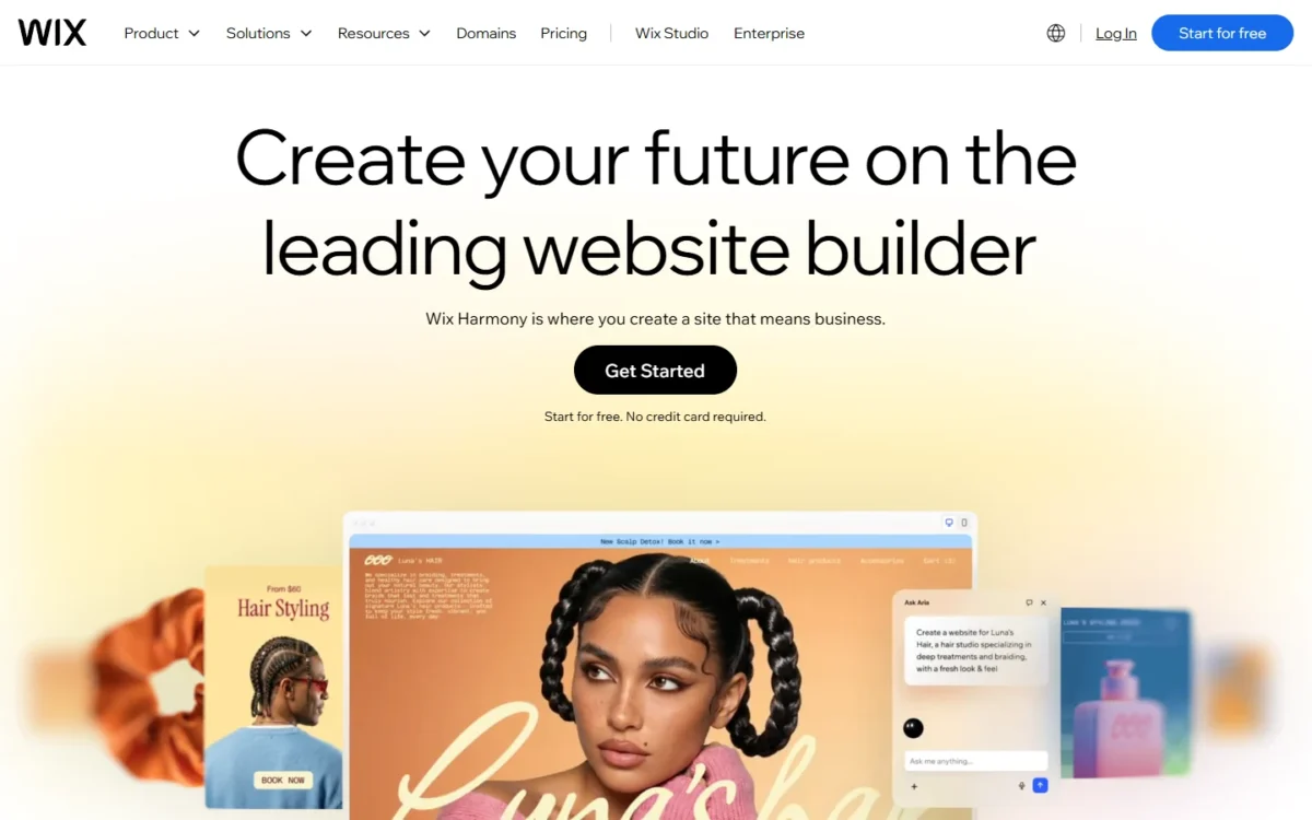 Wix homepage, first screen, with the prompt-to-site builder