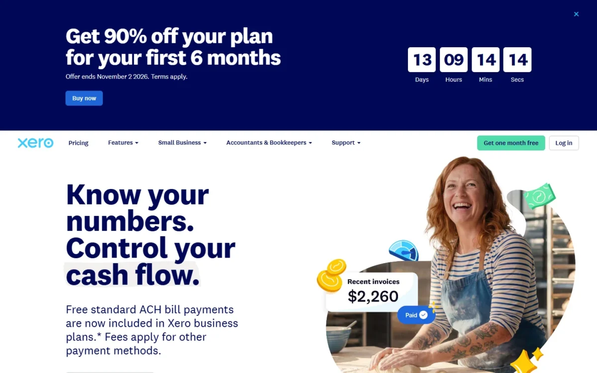 Xero US homepage, first screen, with the new-customer offer banner above the headline about cash flow