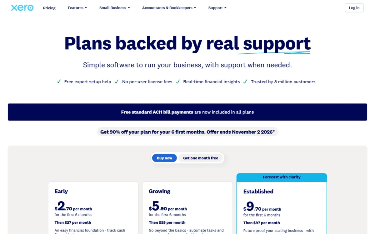 Xero US pricing page showing Early at $2.70, Growing at $5.90 and Established at $9.70 per month for the first 6 months, then $27, $59 and $97 per month