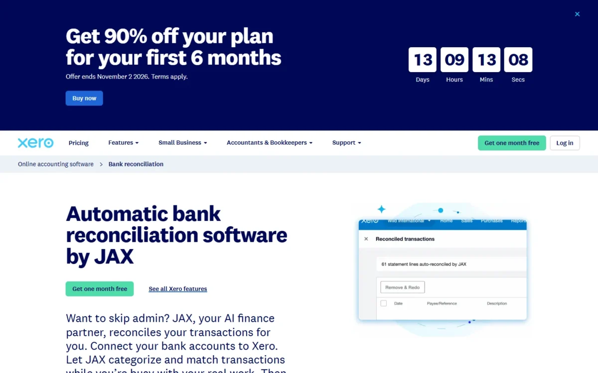 Xero bank reconciliation page headed Automatic bank reconciliation software by JAX