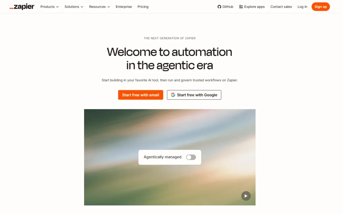 Zapier homepage, first screen, with the headline "Welcome to automation in the agentic era"