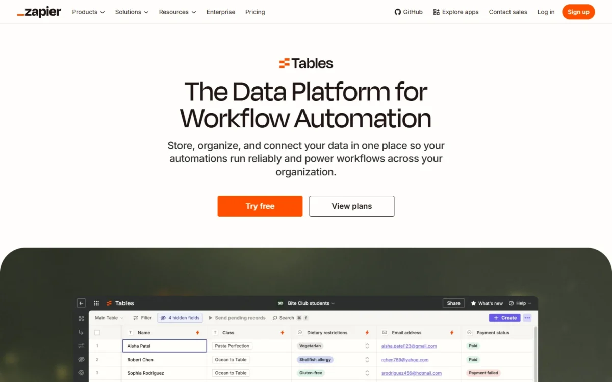 Zapier Tables page, first screen, with a sample table of records below the headline