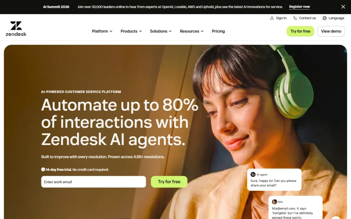Zendesk homepage, first screen, with the AI agents headline and a free trial sign-up field