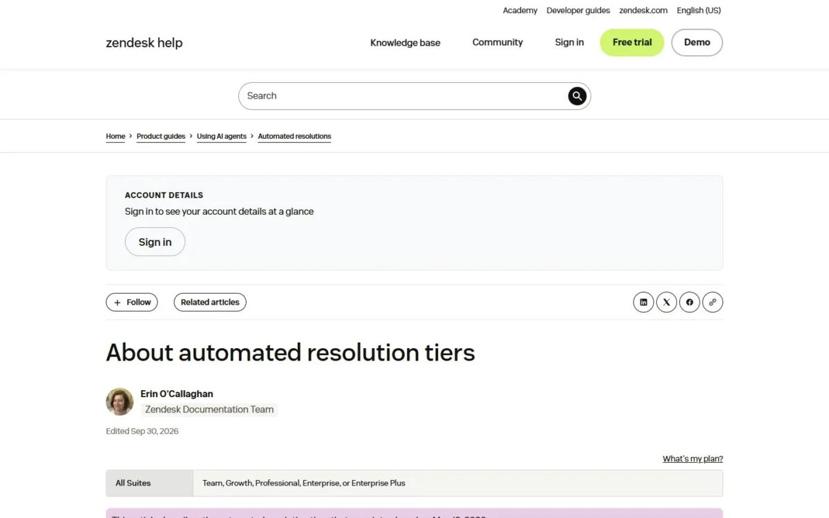 Zendesk help article About automated resolution tiers, first screen