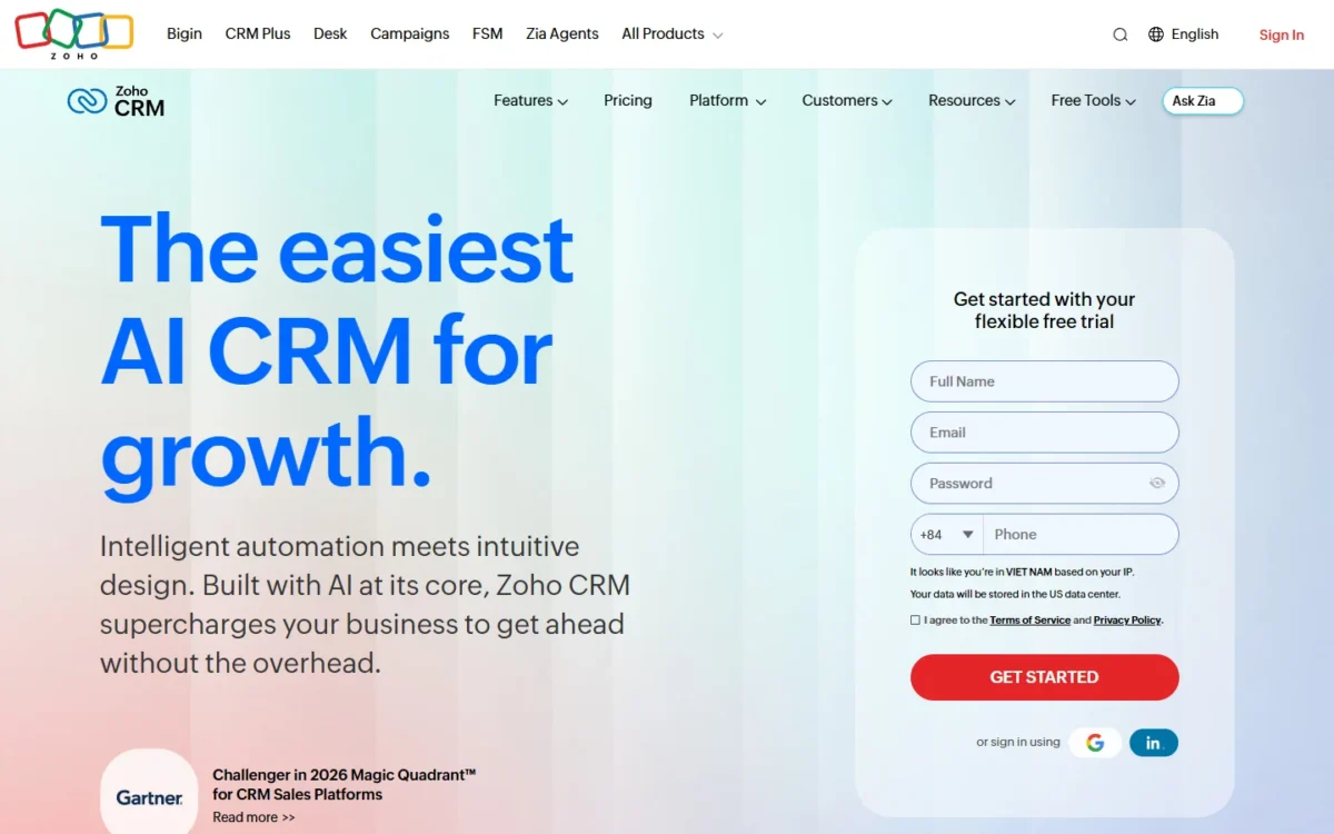 Zoho CRM homepage, first screen, with its free-trial sign-up form