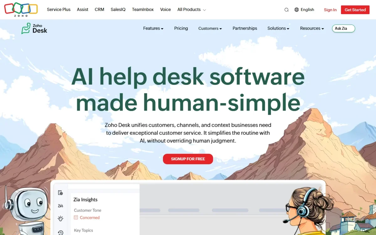 Zoho Desk homepage first screen with the headline AI help desk software made human-simple