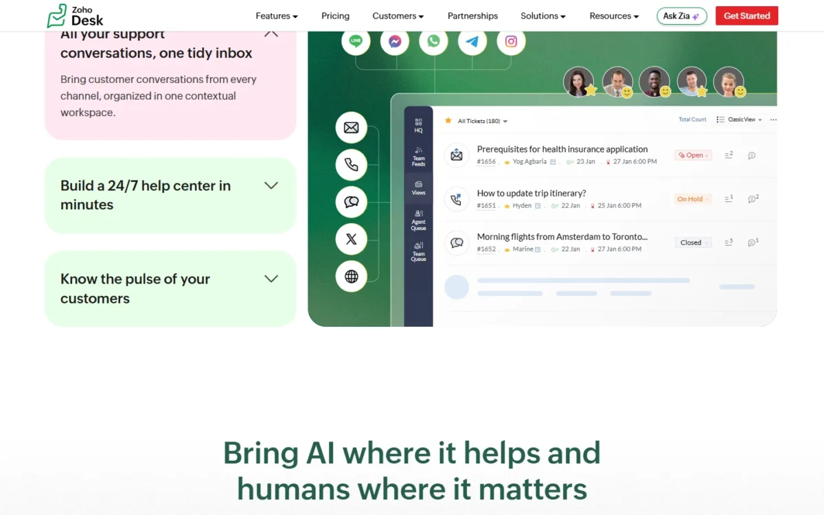 Zoho Desk homepage section showing one inbox with conversations from several channels
