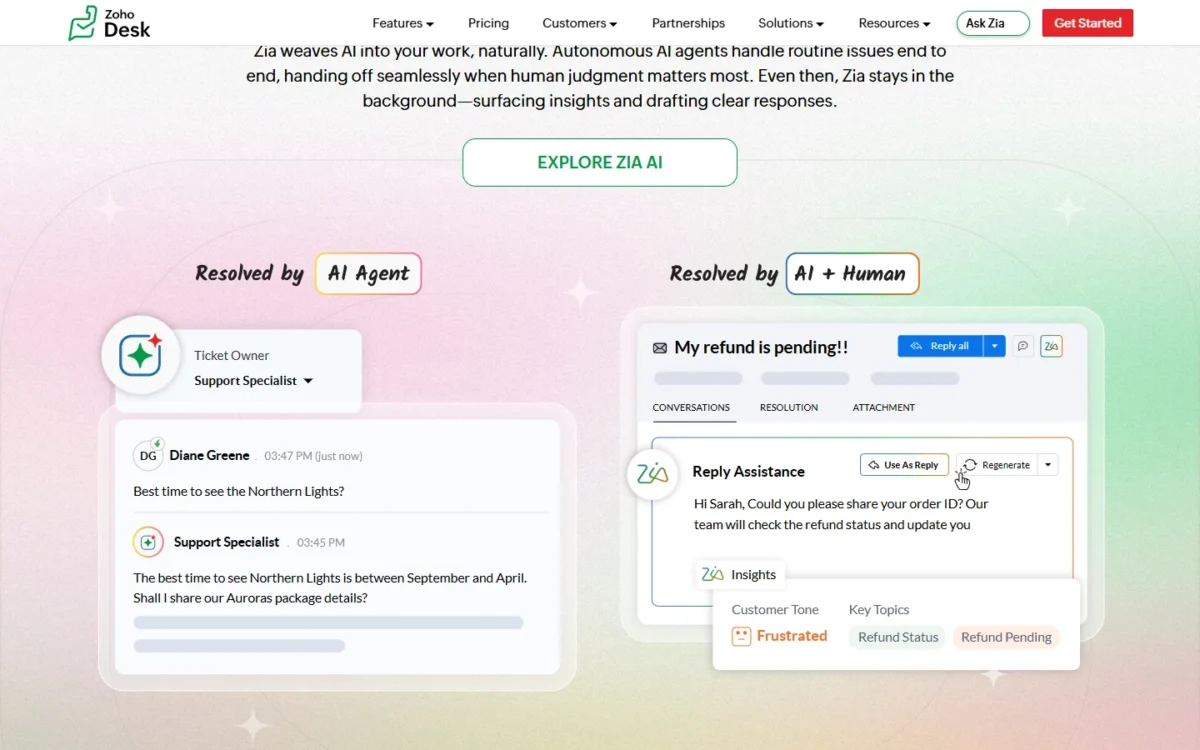Zoho Desk homepage section showing a ticket resolved by an AI agent beside Zia reply assistance