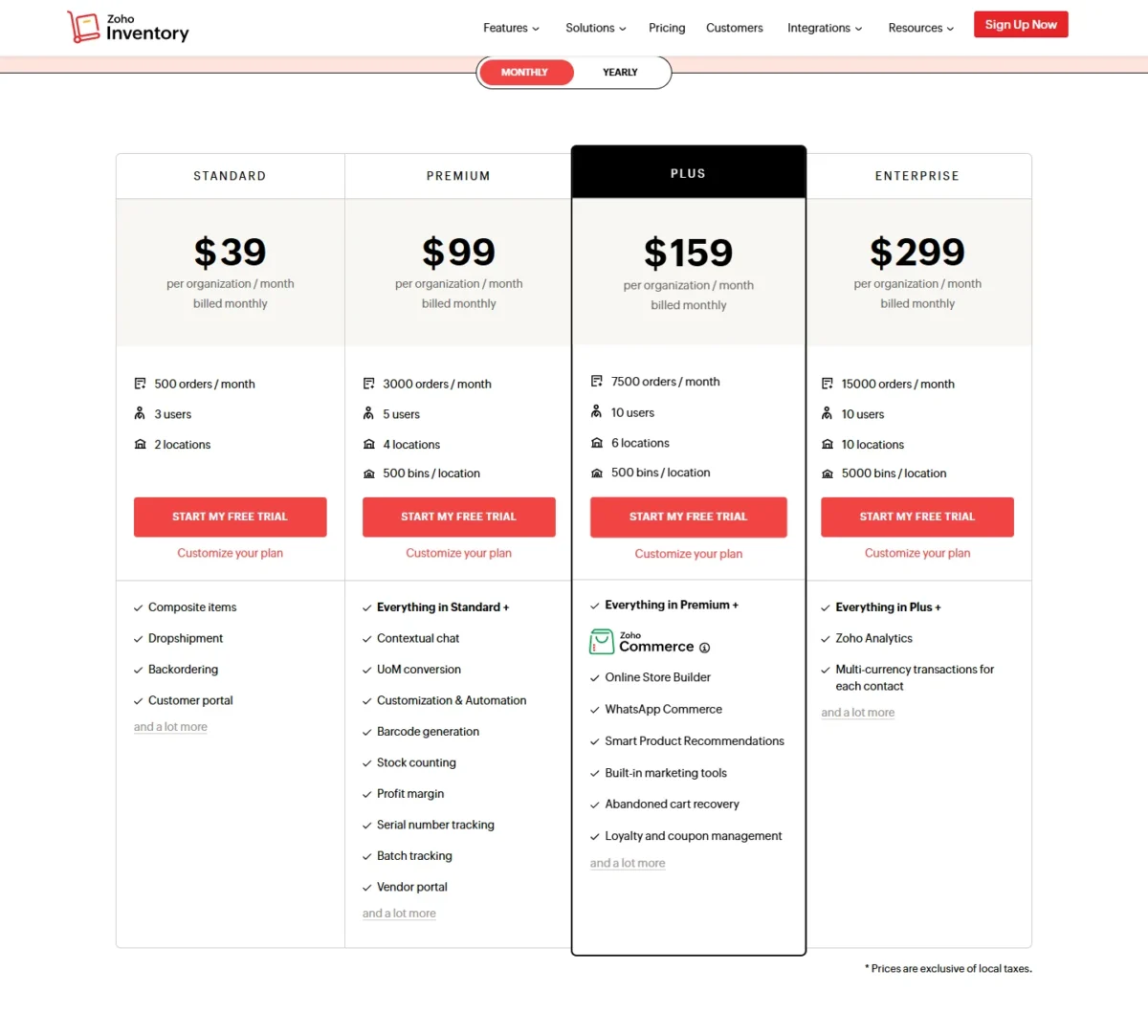 Zoho Inventory's pricing page, Monthly view: Standard $39, Premium $99, Plus $159 and Enterprise $299 per organization per month, billed monthly