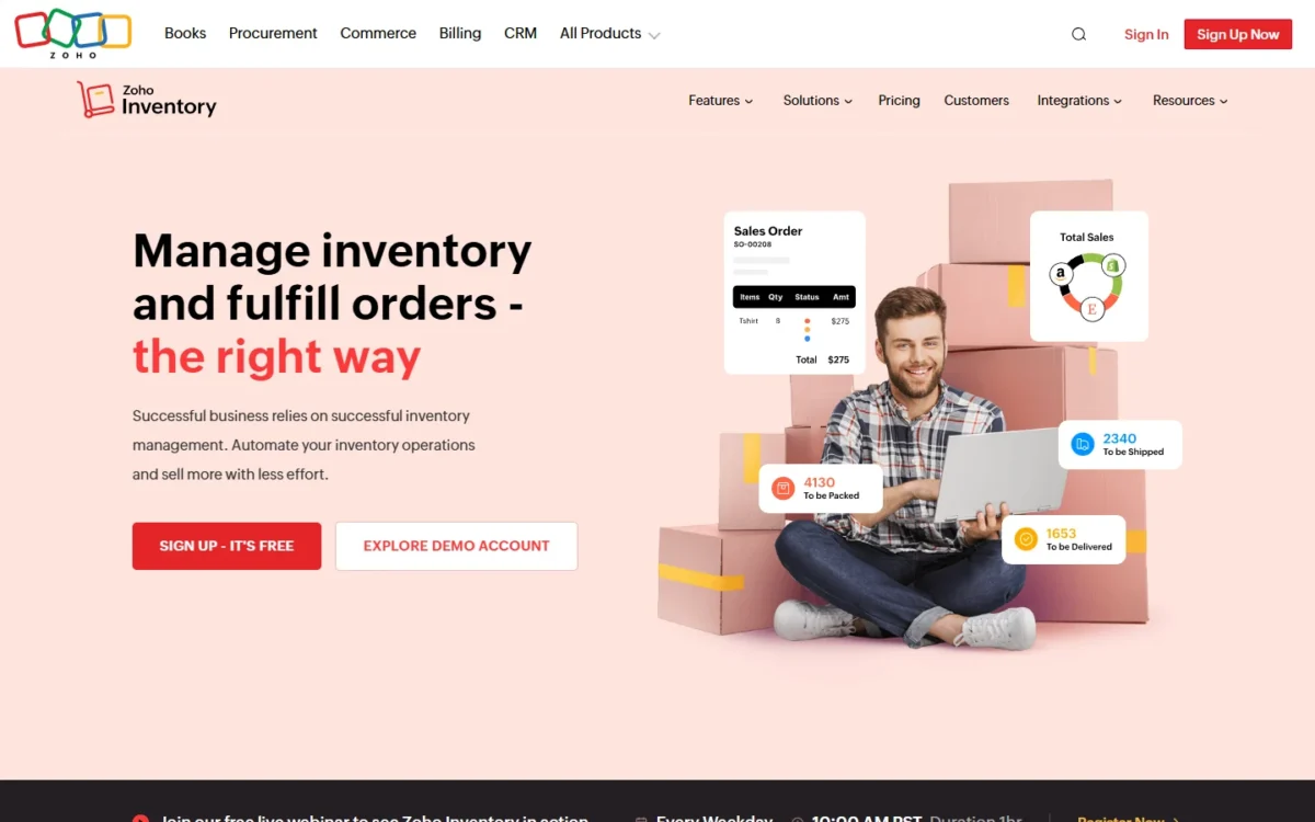 Zoho Inventory homepage, first screen, with a demo account button