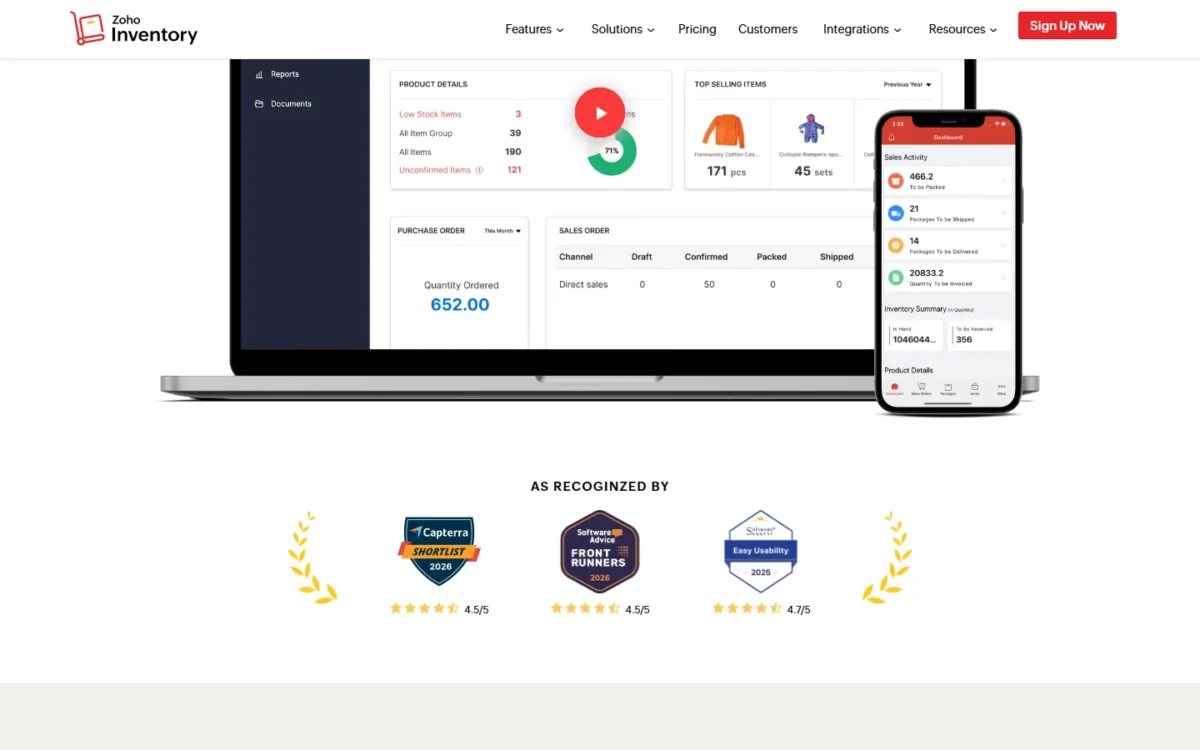 Zoho Inventory dashboard on a laptop and a phone, with purchase order and sales order panels