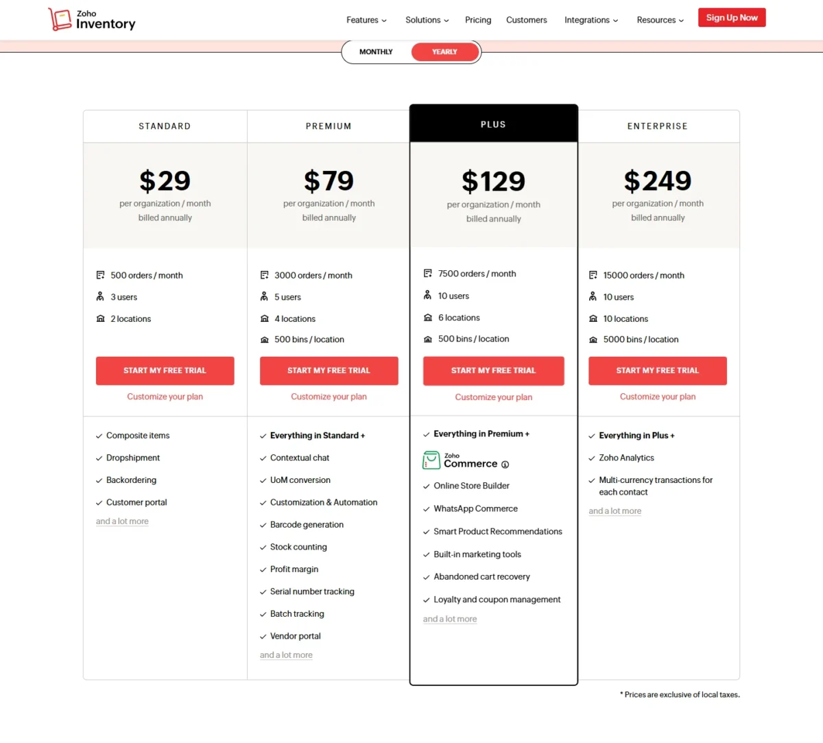 Zoho Inventory pricing page with yearly billing selected, showing Standard at $29 and Enterprise at $249 per organization per month