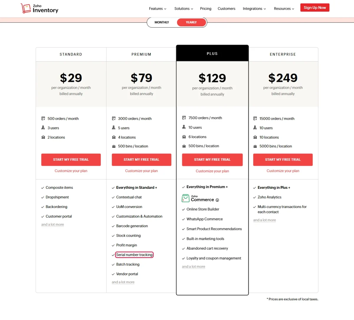 Zoho Inventory pricing page with Serial number tracking outlined in the Premium plan's list